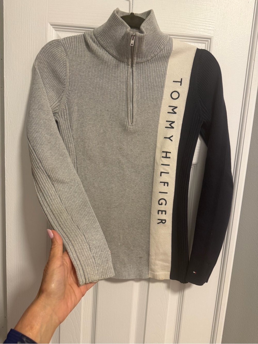 Tommy Hilfiger Women’s Quarter-Zip Ribbed Sport Sweater - Gray/Black - Picture 2 of 8